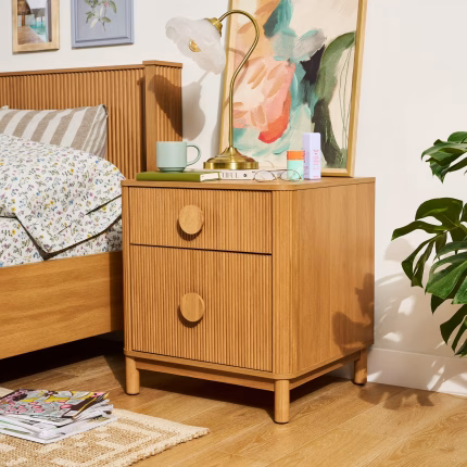 Beautiful 2-Drawer Fluted Nightstand with Teched Away by Drew Barrymore, Warm Honey Finish, Adults and Teens